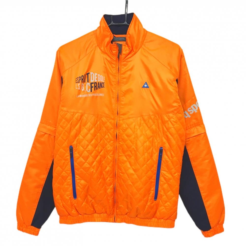 【美品】ルコックゴルフ 2WAY中綿ジャケット オレンジ×ネイビー 前下部キルティング 袖着脱可 メンズ M ゴルフウェア le coq sportif