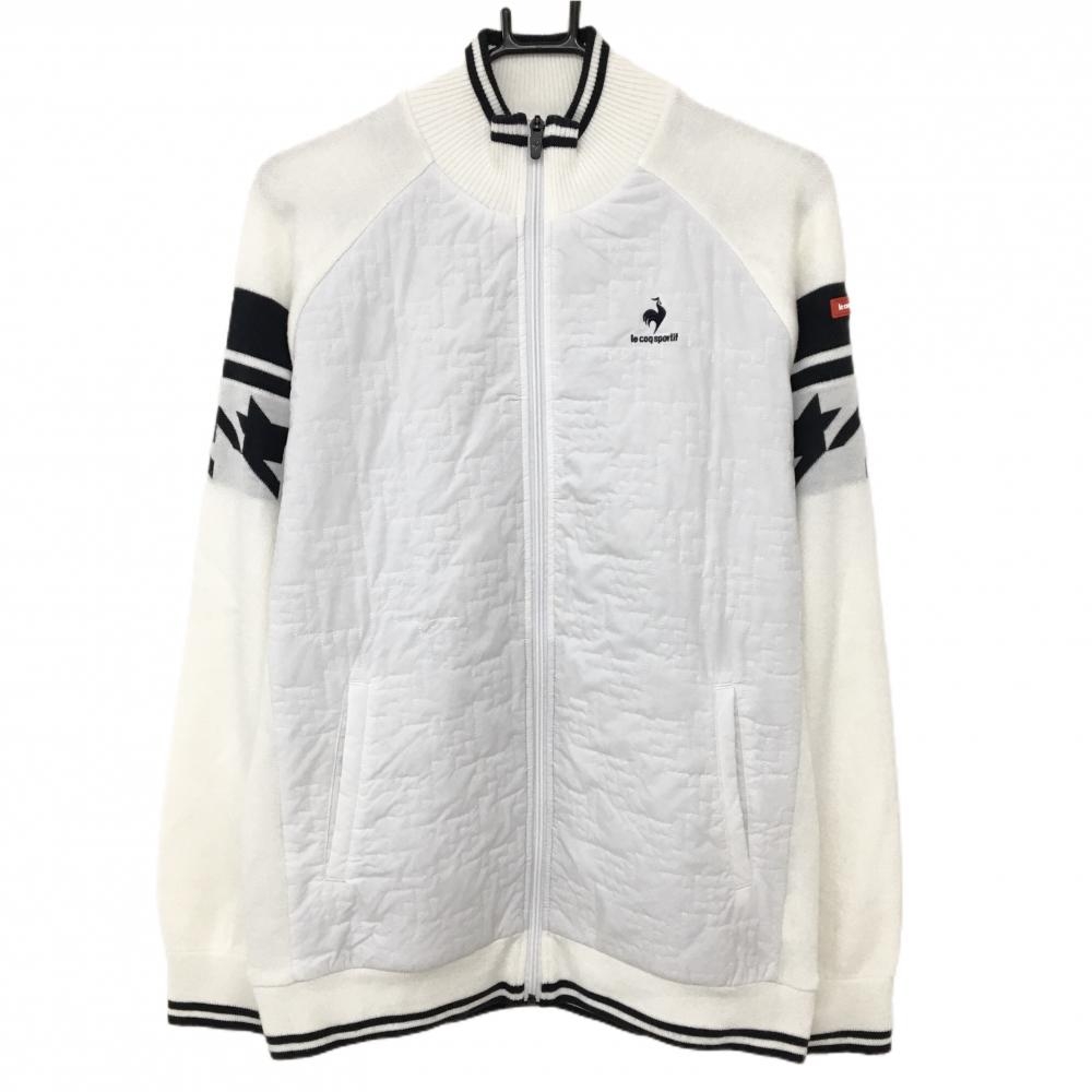 【美品】ルコックゴルフ 中綿切替ニットジャケット 白系×黒 前身頃中綿 ウール混 胸ロゴ  メンズ LL ゴルフウェア le coq sportif