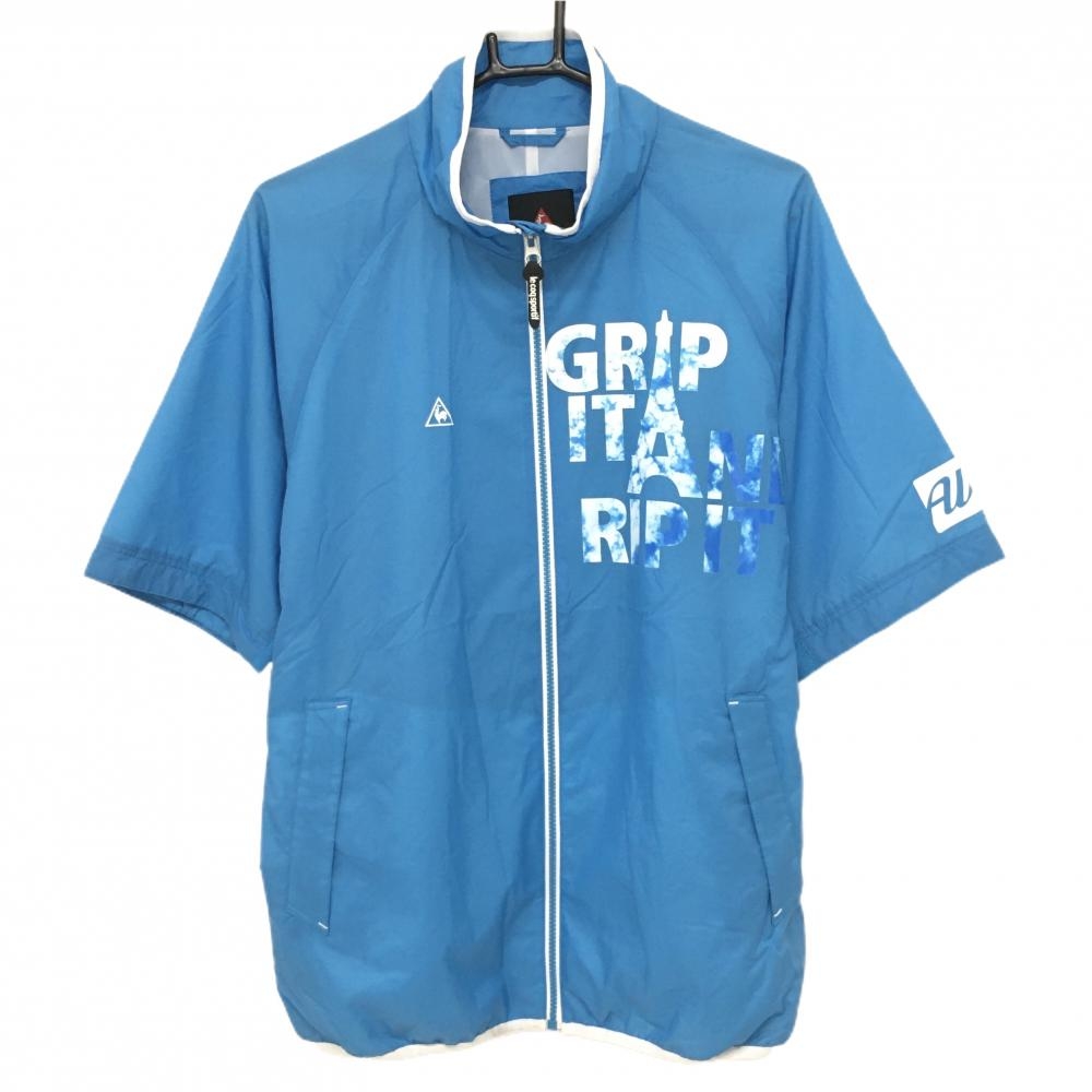 ルコックゴルフ 半袖ブルゾン ライトブルー×白 胸元プリント ハーフジップ 裏地メッシュ メンズ LL ゴルフウェア le coq sportif