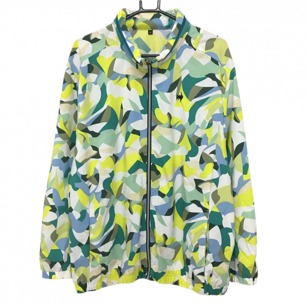 【超美品】ルコック 2WAYジャケットブルゾン グリーン×イエロー×白 総柄 メンズ 2L ゴルフウェア 2023年モデル le coq sportif