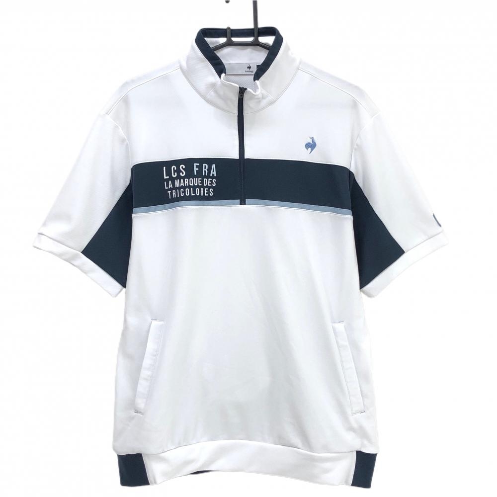 【美品】ルコックゴルフ 半袖ブルゾン 白×ネイビー ハーフジップ ロゴ刺しゅう  メンズ LL ゴルフウェア le coq sportif
