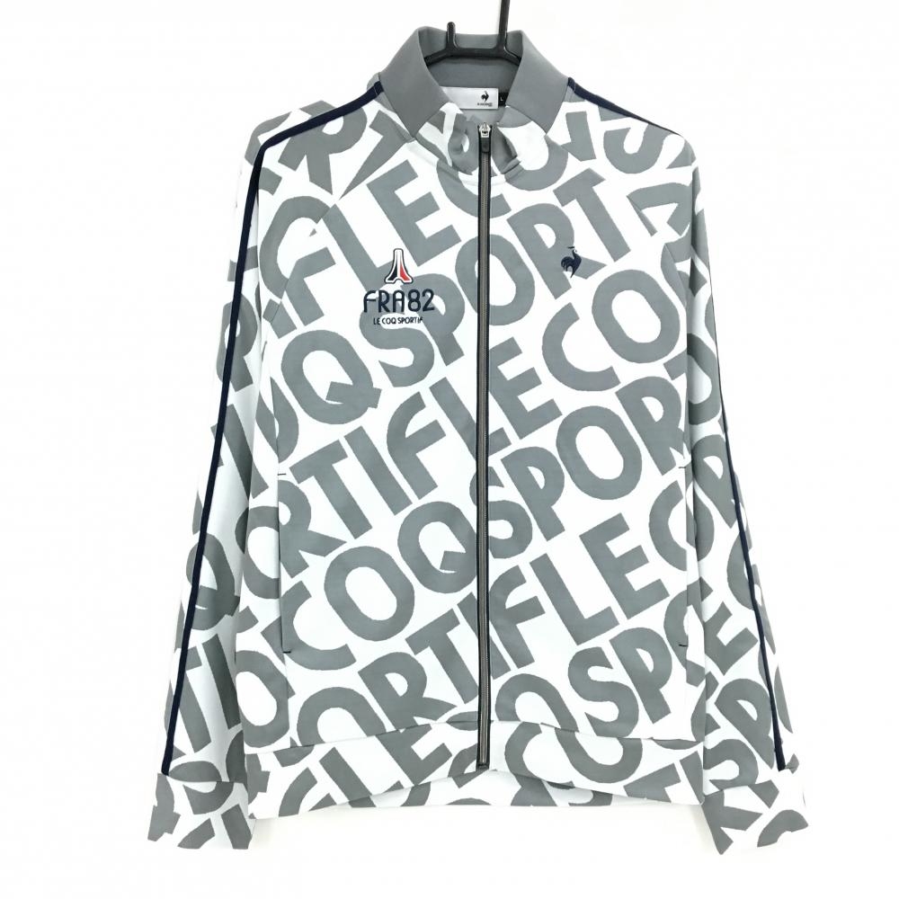 【超美品】ルコックゴルフ ジャケット 白×グレー 英字総柄 ロゴ刺しゅう メンズ L ゴルフウェア le coq sportif