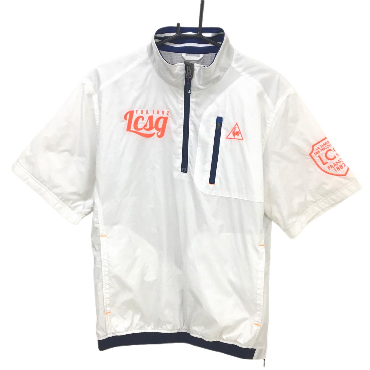 【超美品】ルコックゴルフ 半袖ブルゾン 白×オレンジ ハーフジップ 胸ポケット サイドジップ メンズ M ゴルフウェア le coq sportif