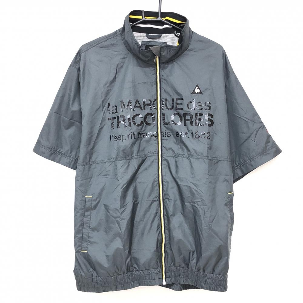 【超美品】ルコック 半袖ジャケットブルゾン ダークグレー×イエロー×白 細ボーダー  メンズ 3L ゴルフウェア le coq sportif