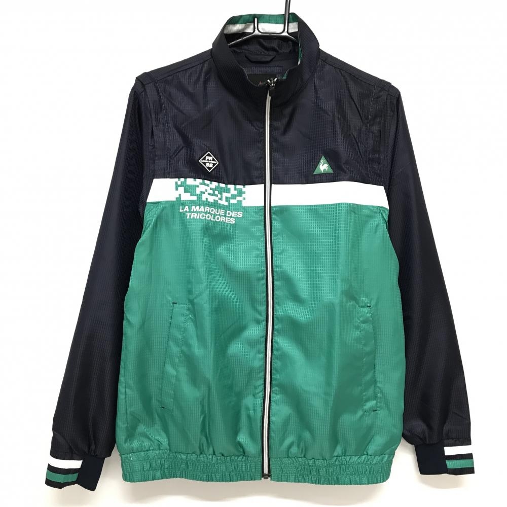 ルコックゴルフ 2WAYジャケット ブルーグリーン系×ネイビー×白 スクエア総柄 裏メッシュ 袖着脱可 メンズ M ゴルフウェア le coq sportif