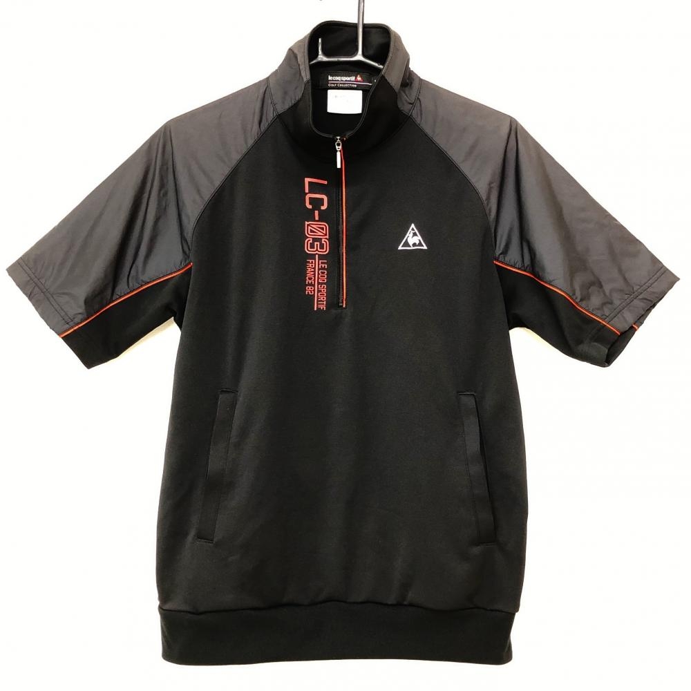 【美品】ルコックゴルフ 半袖ブルゾン 黒×レッド ロゴ刺しゅう ハーフジップ 袖一部切替  メンズ M ゴルフウェア le coq sportif