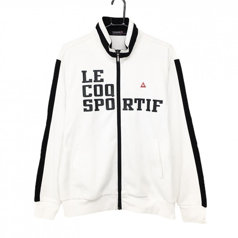 【美品】ルコックゴルフ ジャケットブルゾン 白×黒 フロントプリント 袖ライン メンズ LL ゴルフウェア le coq sportif