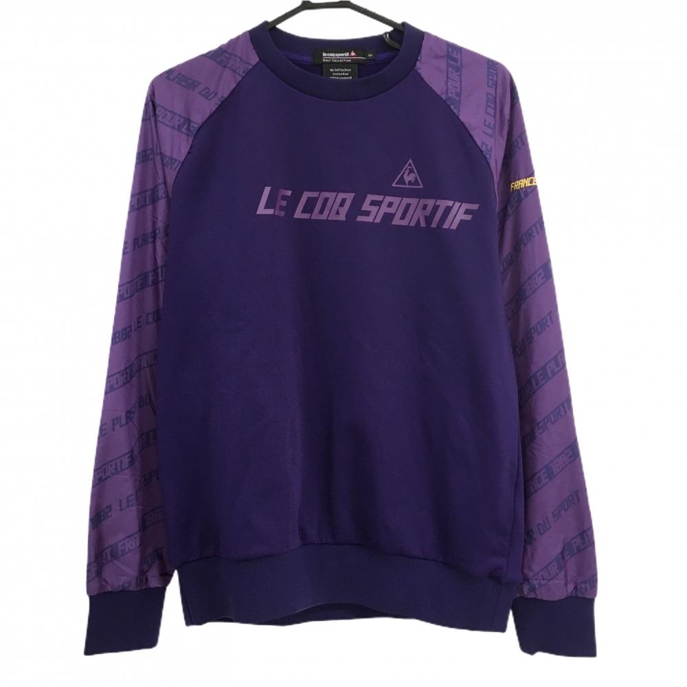 【超美品】ルコック トレーナー パープル×ネイビー 袖英字柄＆異素材 裏起毛 メンズ LL ゴルフウェア le coq sportif