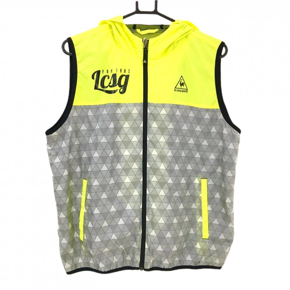 【新品】ルコックゴルフ フード付アウターベスト イエロー×グレー 下部総柄 裏地メッシュ はっ水 メンズ M ゴルフウェア le coq sportif