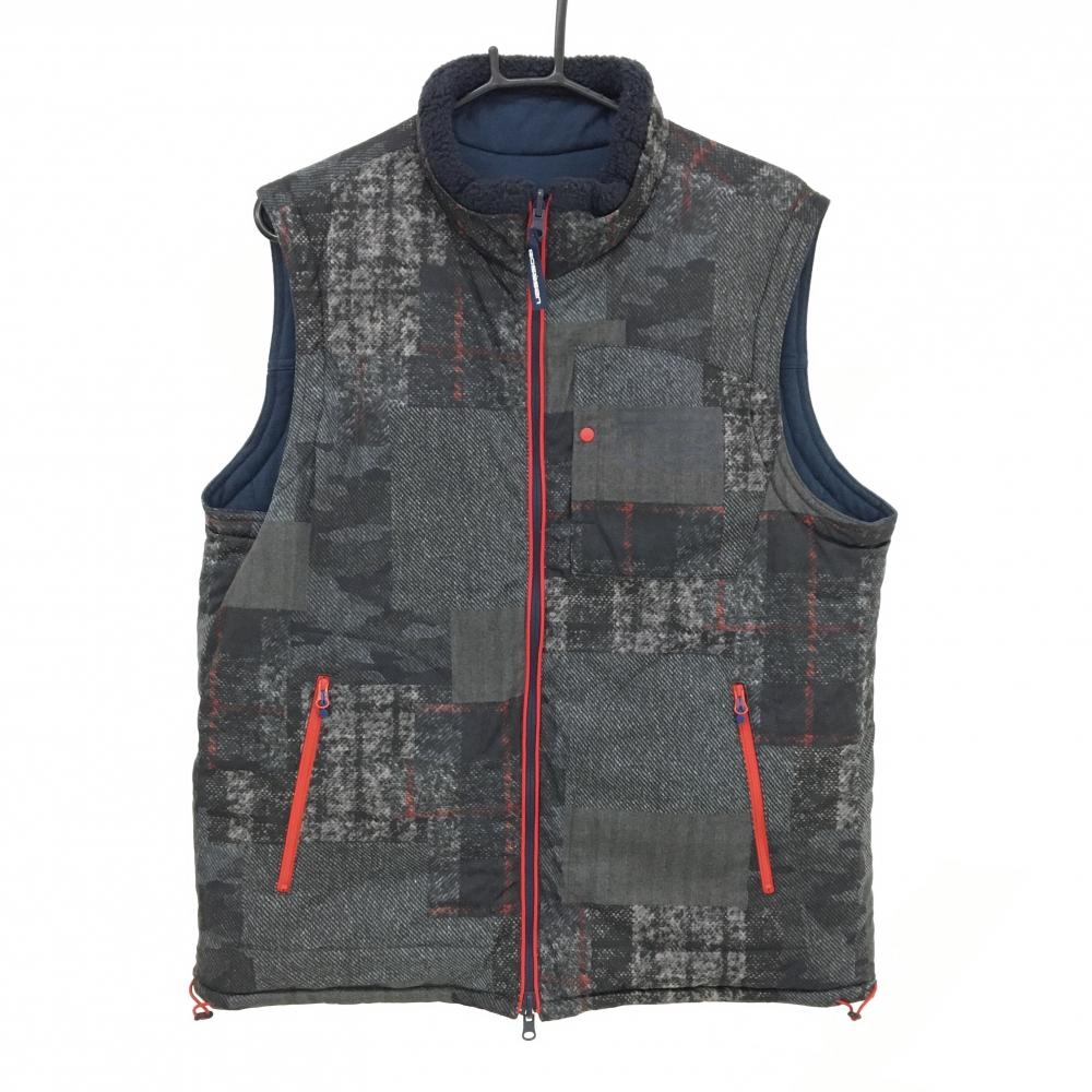 【美品】ロサーセン リバーシブルベスト 黒×レッド 総柄 裏ネイビー 一部ボア メンズ LL ゴルフウェア Rosasen