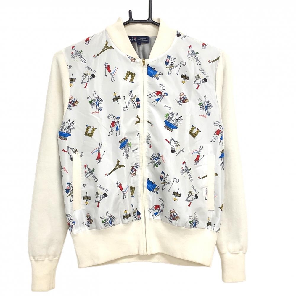 23区ゴルフ ジャケットブルゾン 白 身頃総柄 フランス 素材切替 裏地付き  レディース I(M) ゴルフウェア 23区