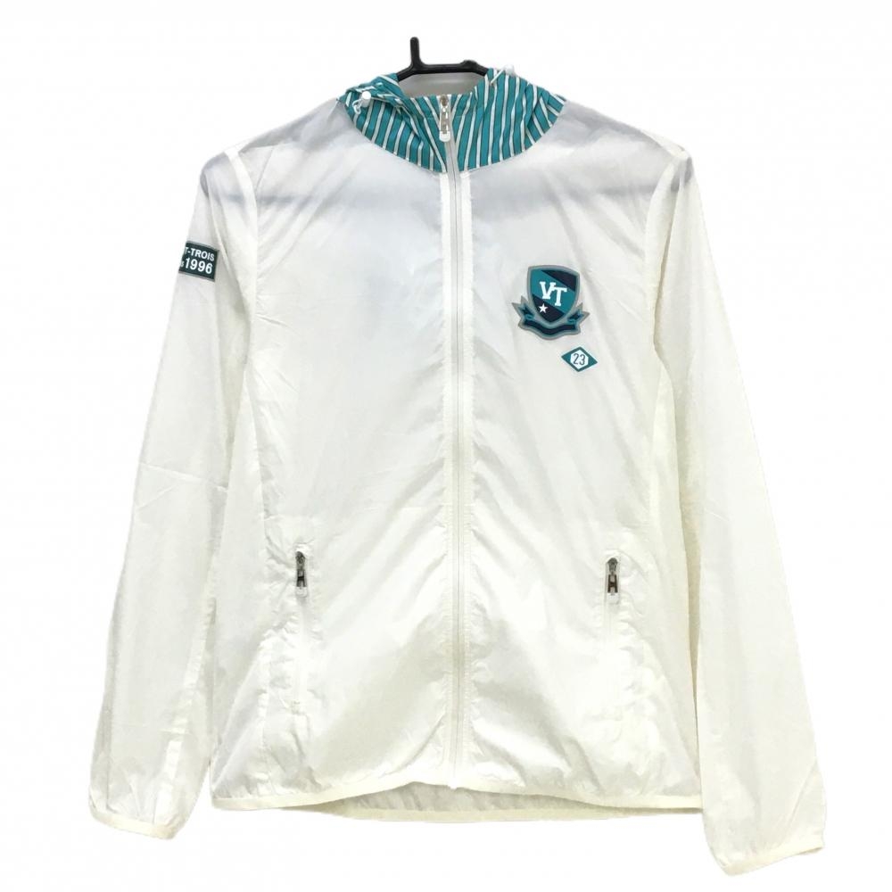 【美品】23区ゴルフ ジップパーカー 白×グリーン フードストライプ 薄手 レディース II(L) ゴルフウェア 23区