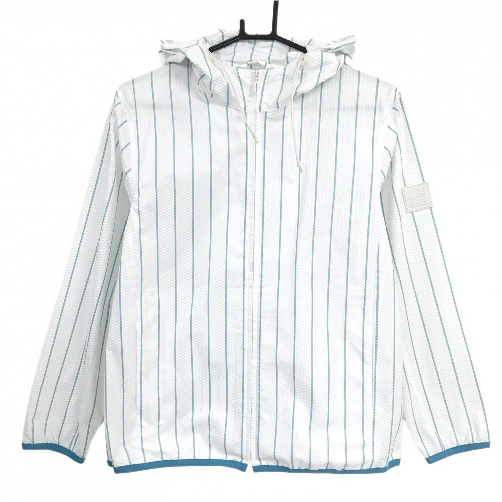 【超美品】23区ゴルフ ジップパーカー 白×グリーン ストライプ 凹凸生地 ブルゾン フード折り畳み可 レディース II(L) ゴルフウェア 23区
