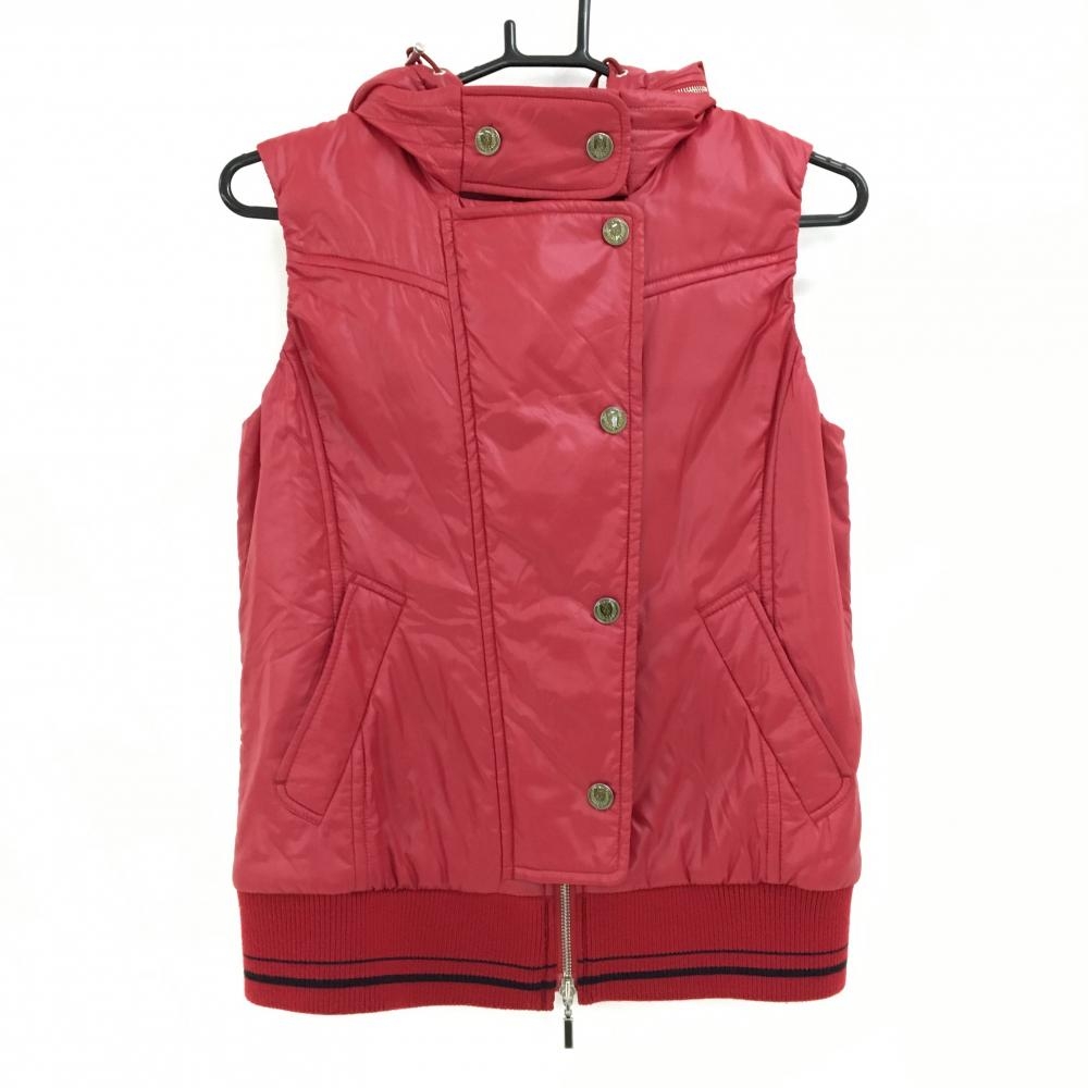 【超美品】23区スポーツ フード付中綿ベスト レッド フード着脱可 内側格子チェック レディース L ゴルフウェア 23区