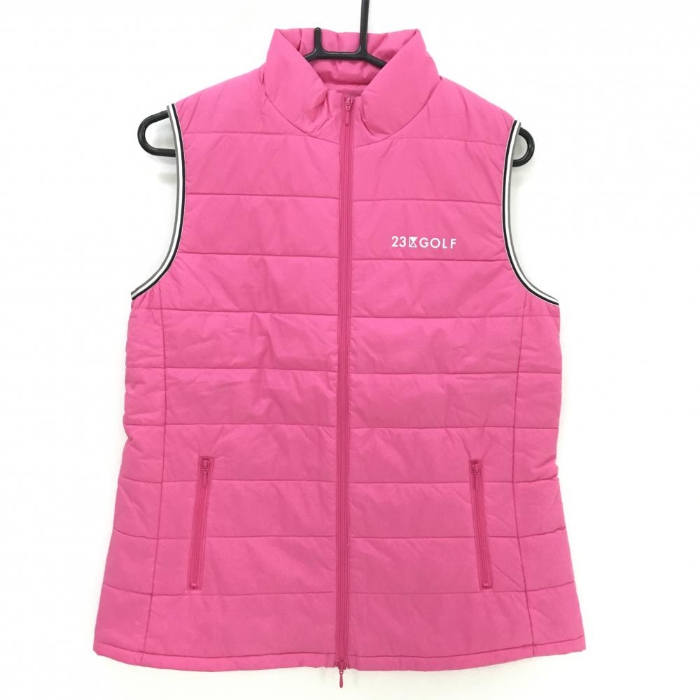 【超美品】23区ゴルフ 中綿ベスト ピンク×白 袖口ライン ダブルジップ レディース III(XL) ゴルフウェア 23区