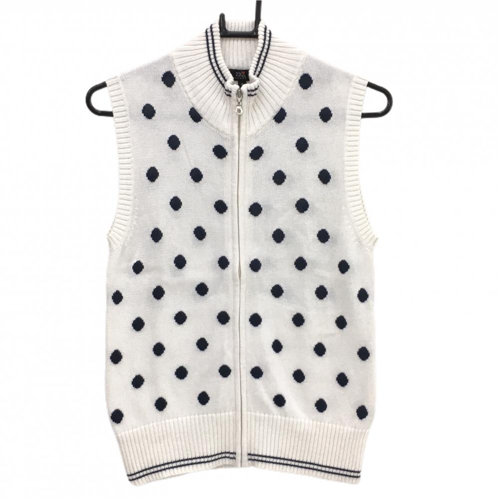 【超美品】23区スポーツ ニットジップベスト 白×黒 ドット柄 コットン 糸引き少 レディース II(L) ゴルフウェア 23区