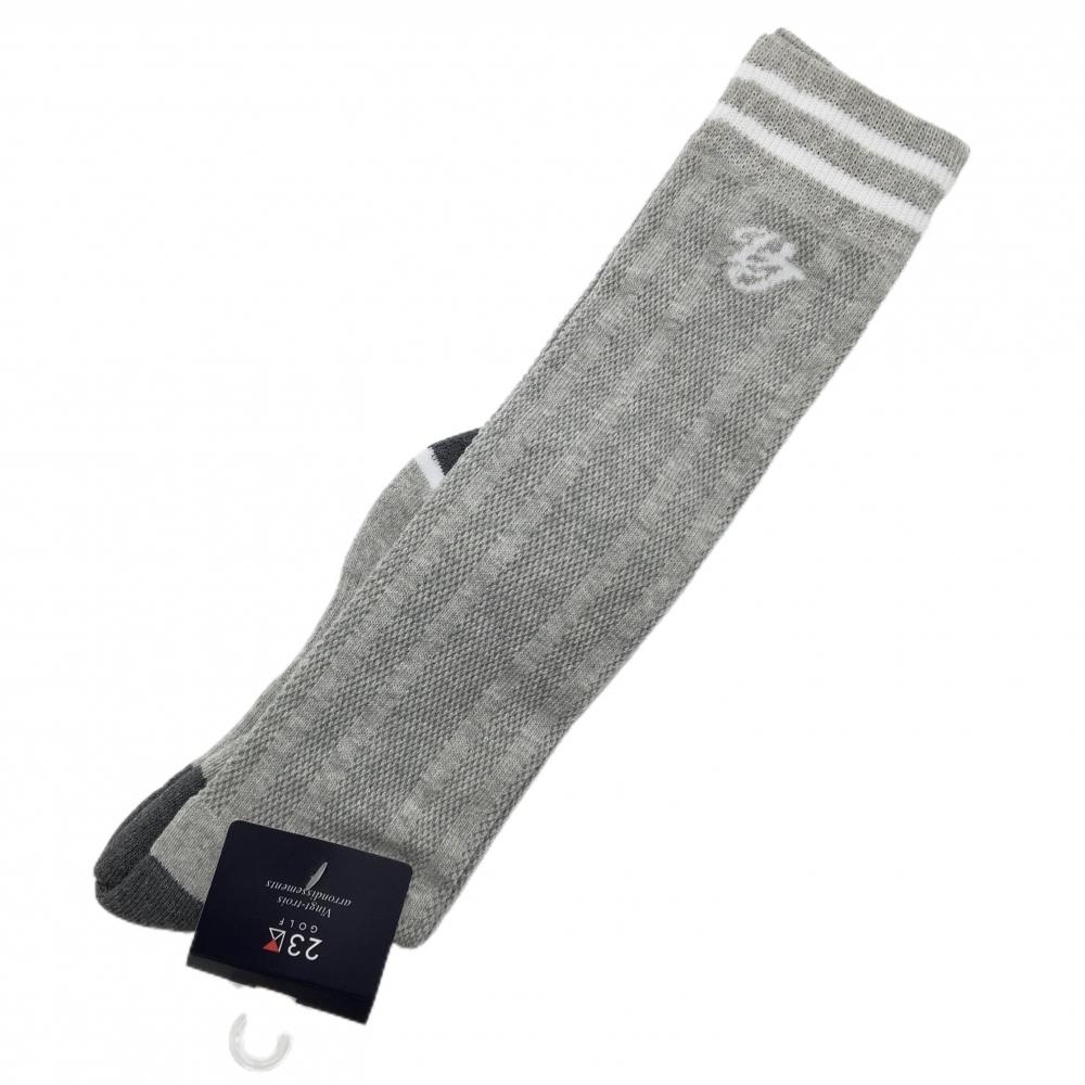 【新品】23区ゴルフ ハイソックス グレー×白 ストライプ レディース F(22-24cm) ゴルフウェア 23区