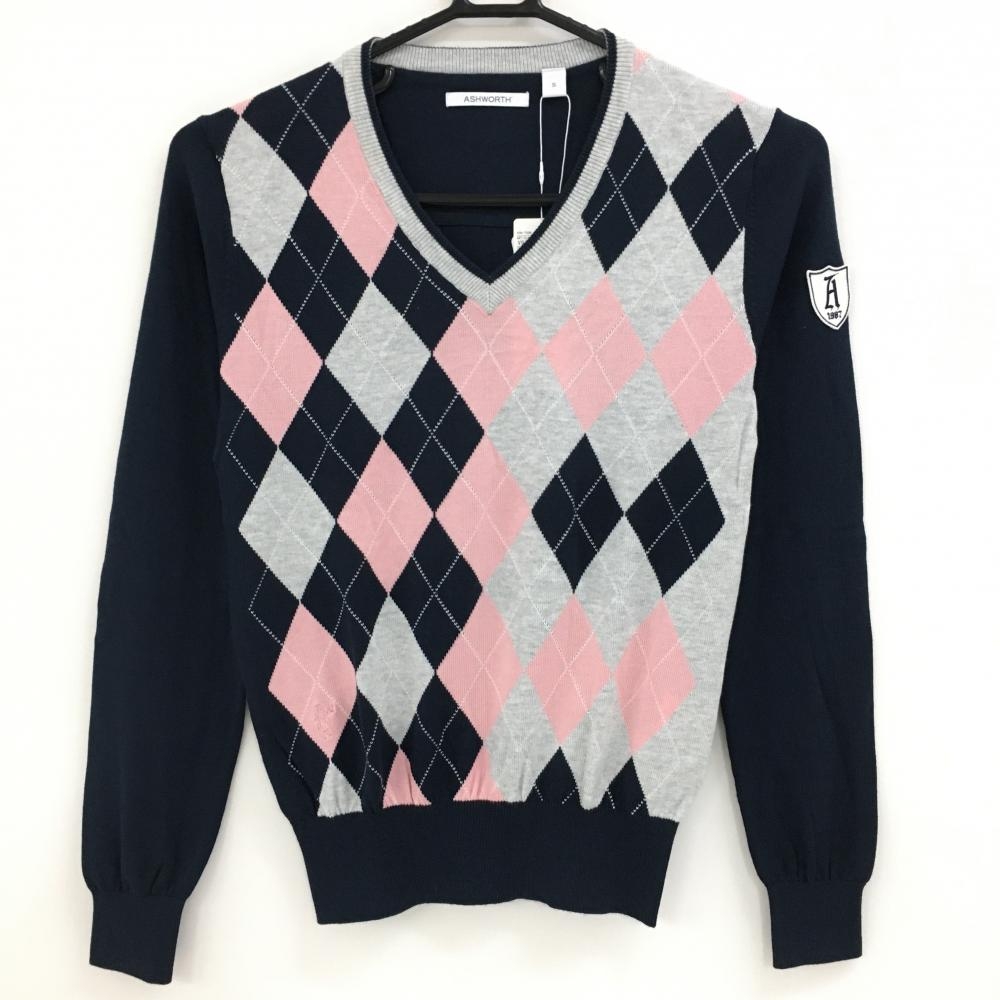 【新品】アシュワース セーター ネイビー×ピンク 前身頃アーガイル柄 コットン混 ニット レディース S ゴルフウェア ASHWORTH