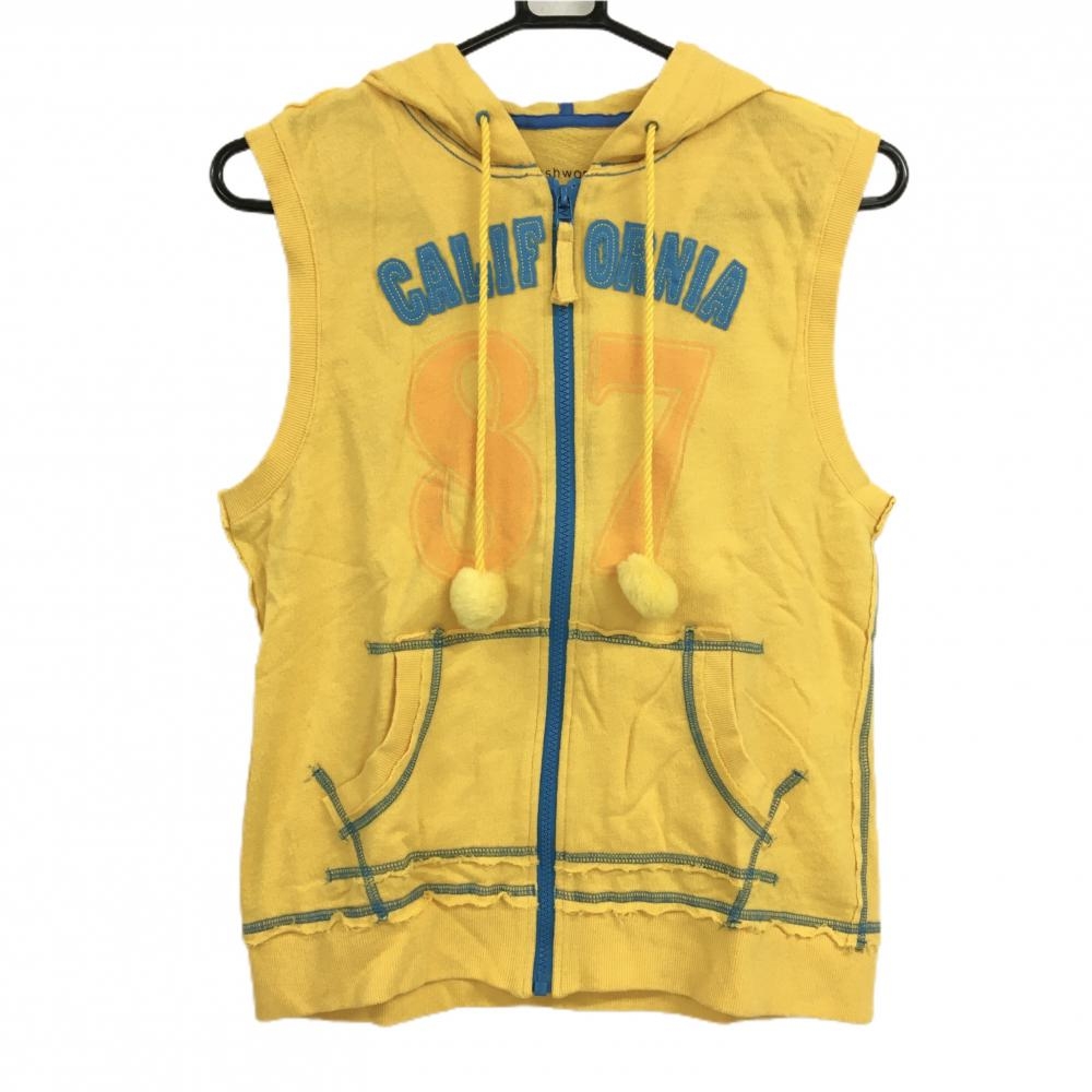 【超美品】アシュワース フード付きアウターベスト イエロー×ブルー ロゴ ボンボン付き レディース L ゴルフウェア ASHWORTH