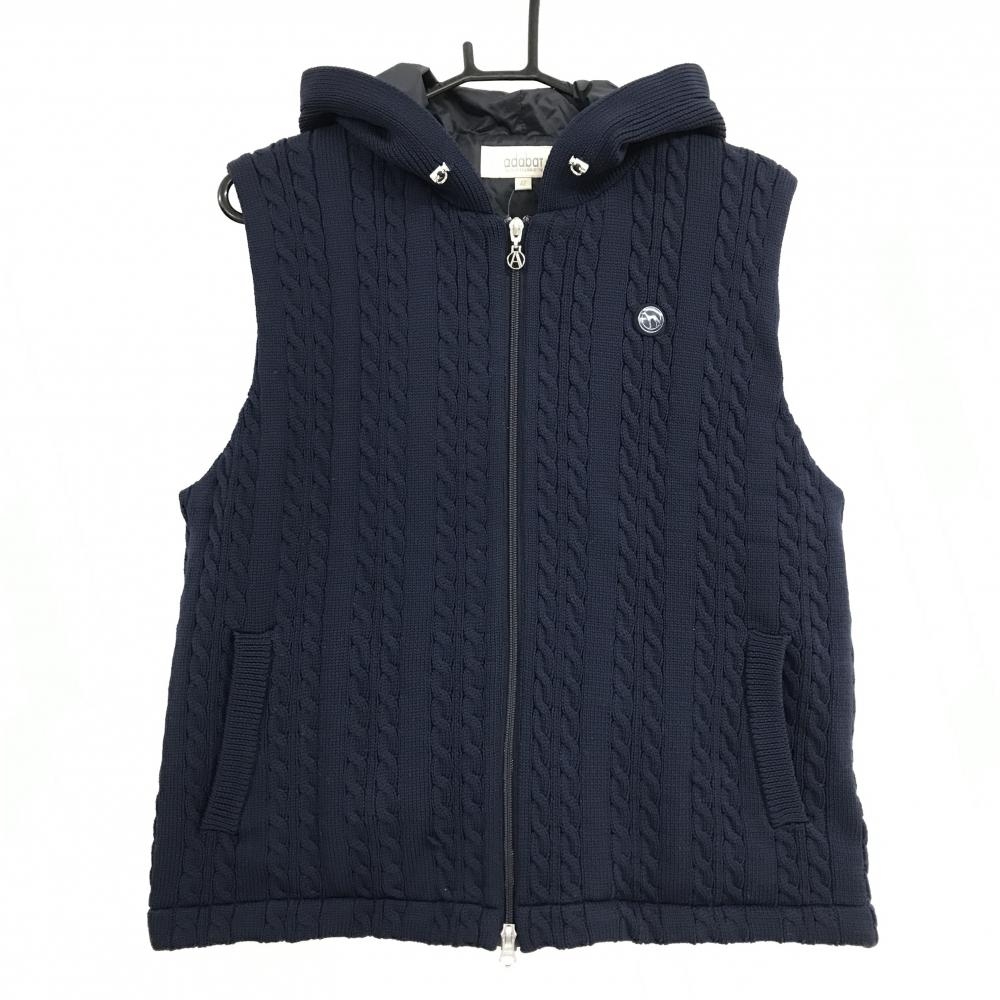 【超美品】アダバット 中綿ニットベスト ネイビー ケーブル編み ダブルジップ レディース 42(XL) ゴルフウェア adabat