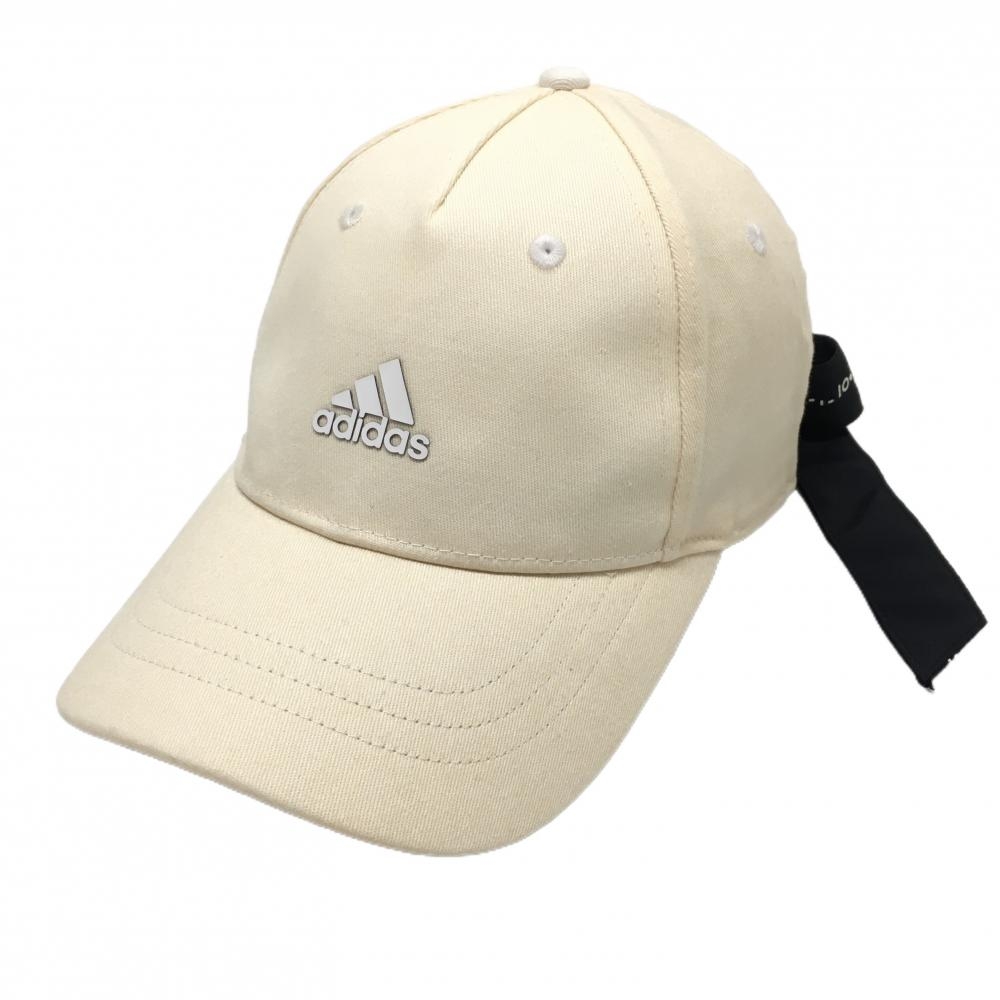 【美品】アディダス キャップ アイボリー ロゴ白 リボン  レディース フリー(54cm～57cm) ゴルフウェア adidas