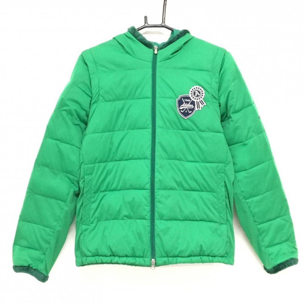 【超美品】アディダス 2WAY中綿ジャケット グリーン 袖着脱可 フード付 ワッペン  レディース OT/XG ゴルフウェア adidas