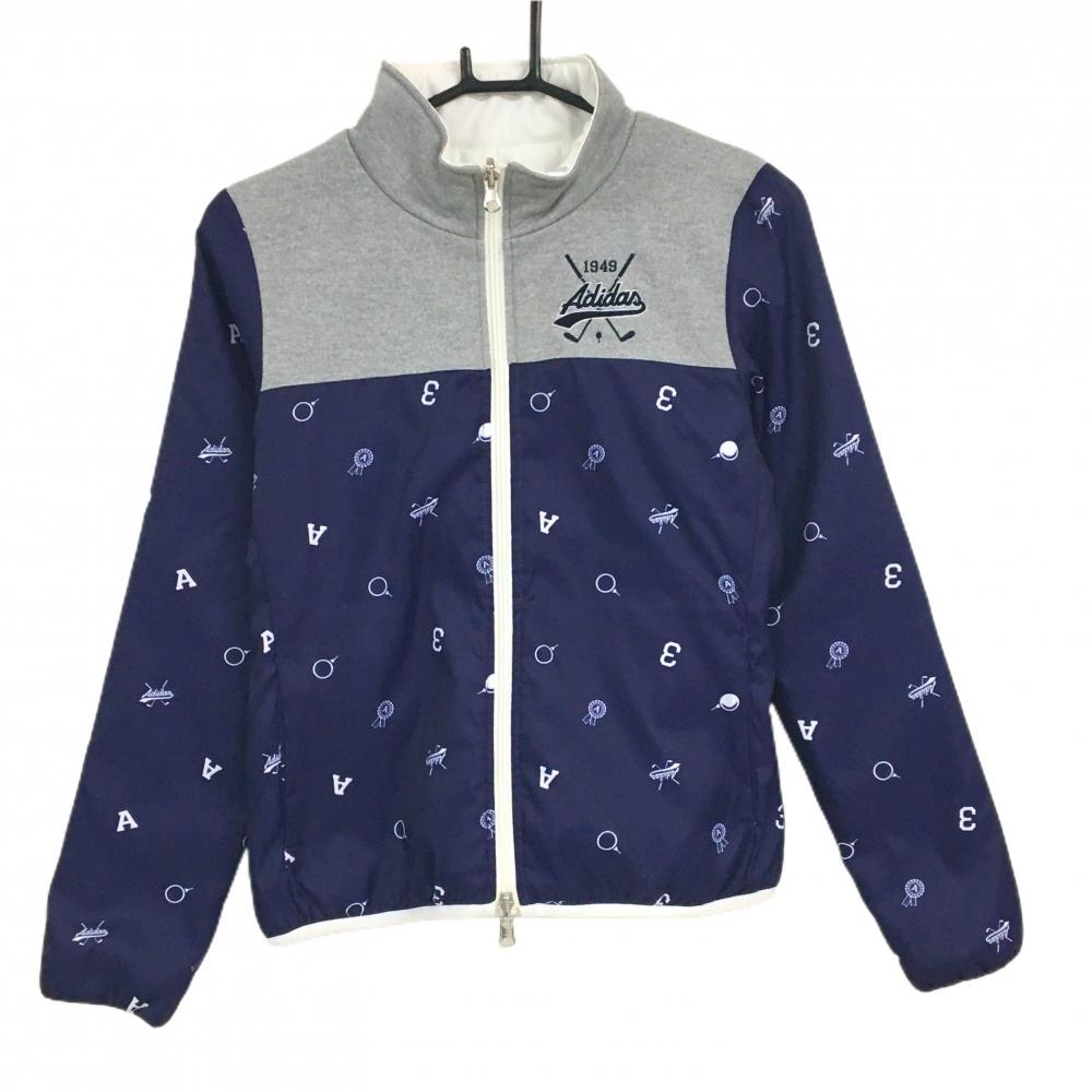 アディダス リバーシブル中綿ジャケット ネイビー×グレー 総柄 裏白  レディース S/P ゴルフウェア adidas