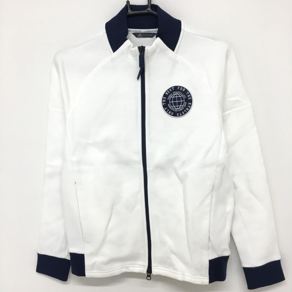 【超美品】アディダス ジャケットブルゾン 白×ネイビー ADICROSS ビッグワッペン レディース OT ゴルフウェア adidas