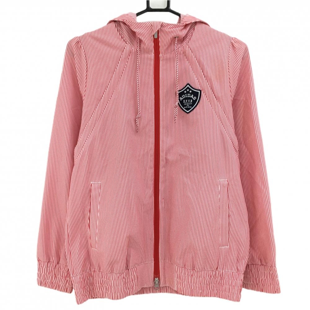 【美品】アディダス 2WAYジップパーカー レッド×白 ストライプ 袖・フード着脱可 ロゴワッペン レディース L/G ゴルフウェア adidas
