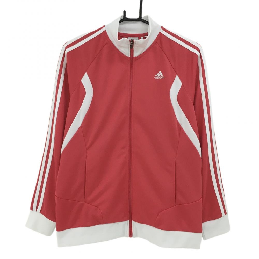【美品】アディダス ジャケットブルゾン ピンク×白 袖3ライン ロゴプリント  レディース L ゴルフウェア adidas