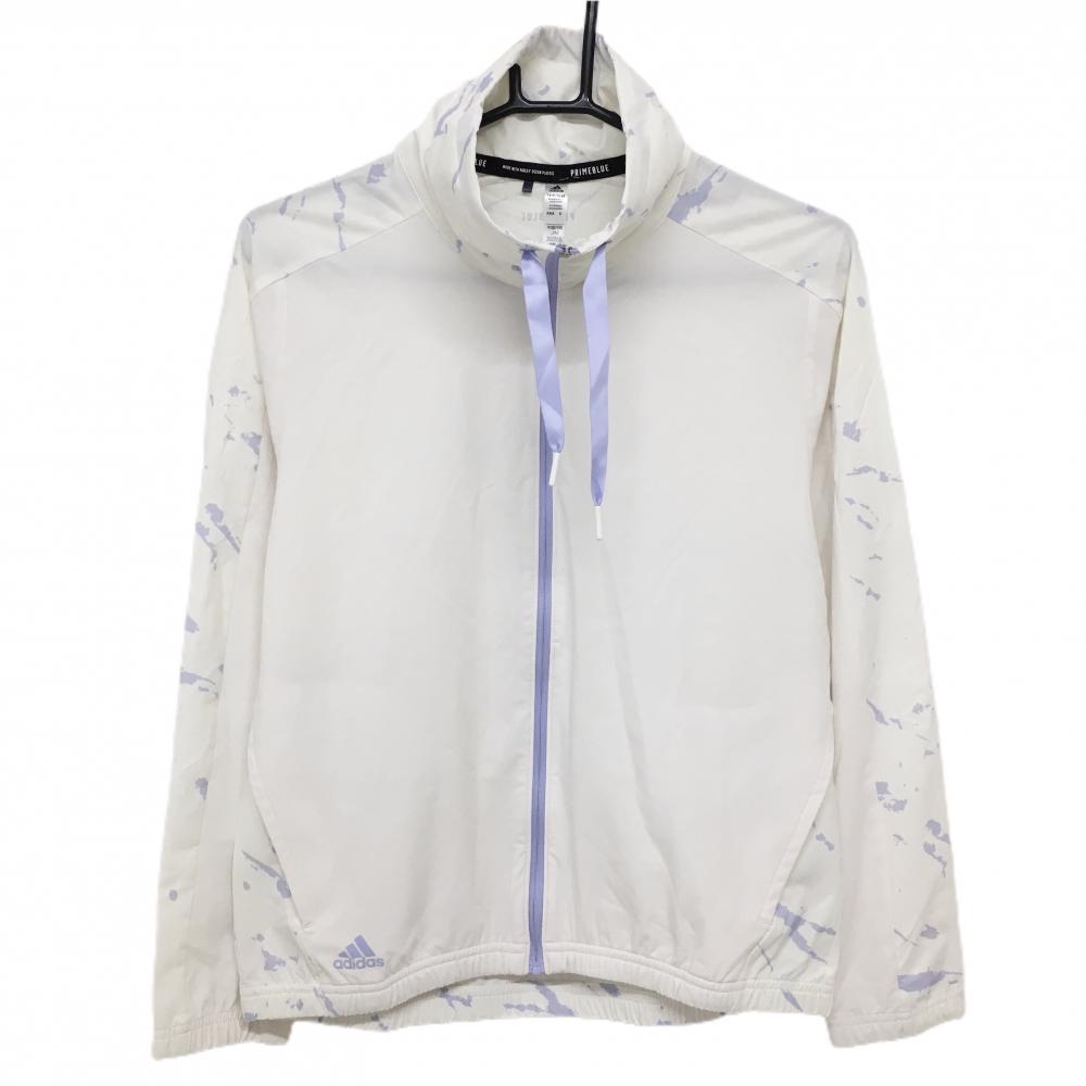 【超美品】アディダス ジャケットブルゾン アイボリー×ライトパープル 背面・ネック総柄 薄手PRIMEBLUE レディース M ゴルフウェア adidas