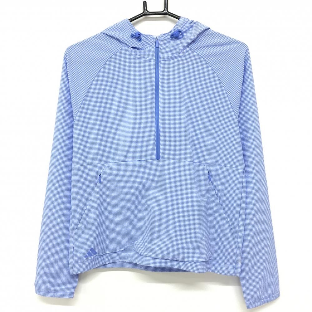【美品】アディダス フード付ブルゾン ライトブルー×白 チェック サッカー生地 ハーフジップ レディース M ゴルフウェア adidas