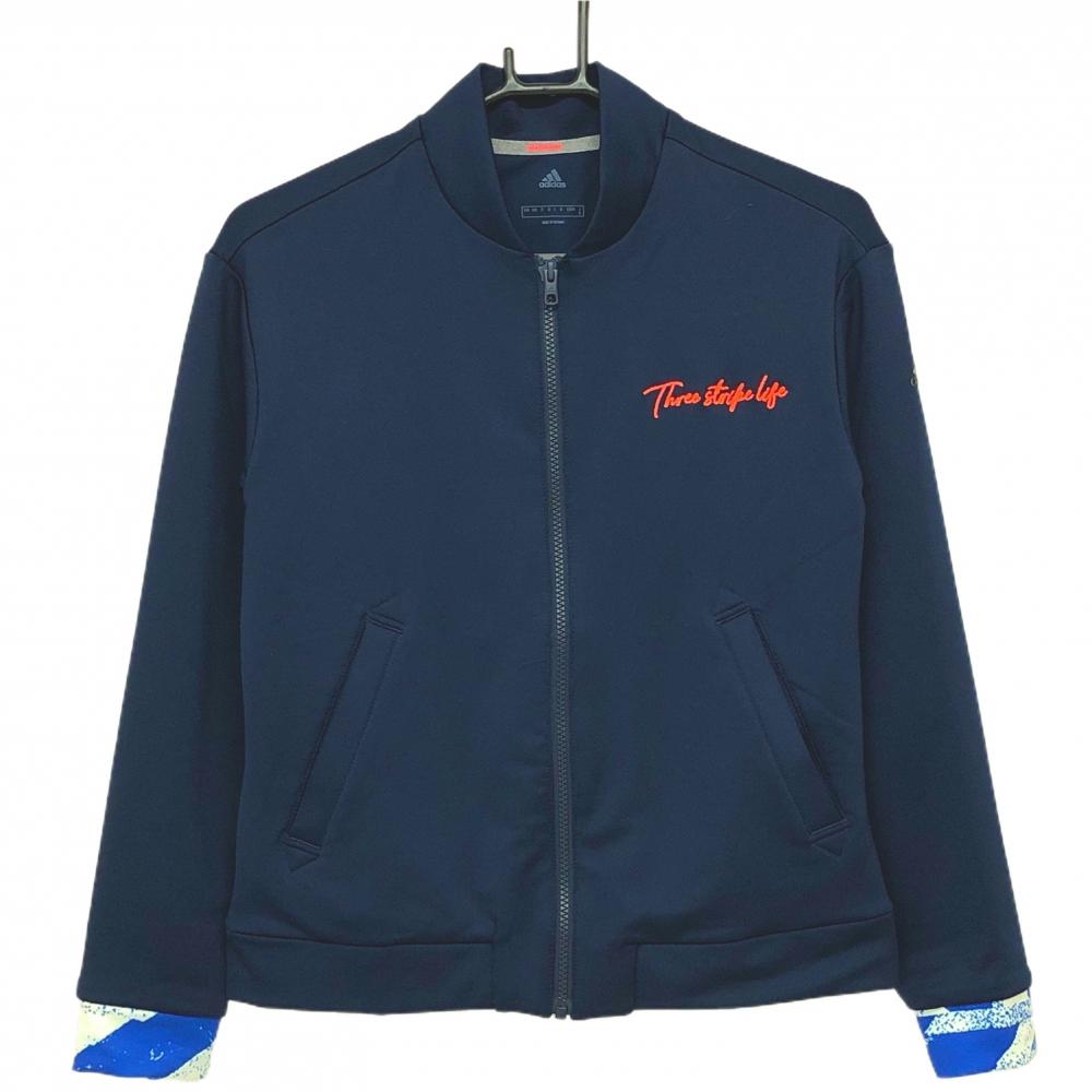 【超美品】アディダス ジャケット ネイビー ロゴサーモンピンク 裏地付き 袖口柄 レディース S ゴルフウェア adidas