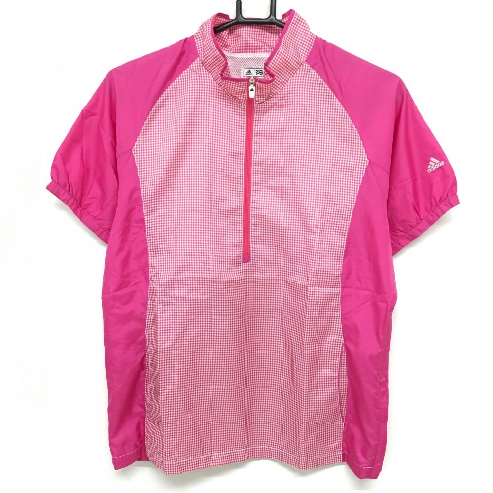 【超美品】アディダス 半袖ブルゾン ピンク×白 チェック柄 裏地メッシュ 袖口ボタン レディース OT/XG ゴルフウェア adidas