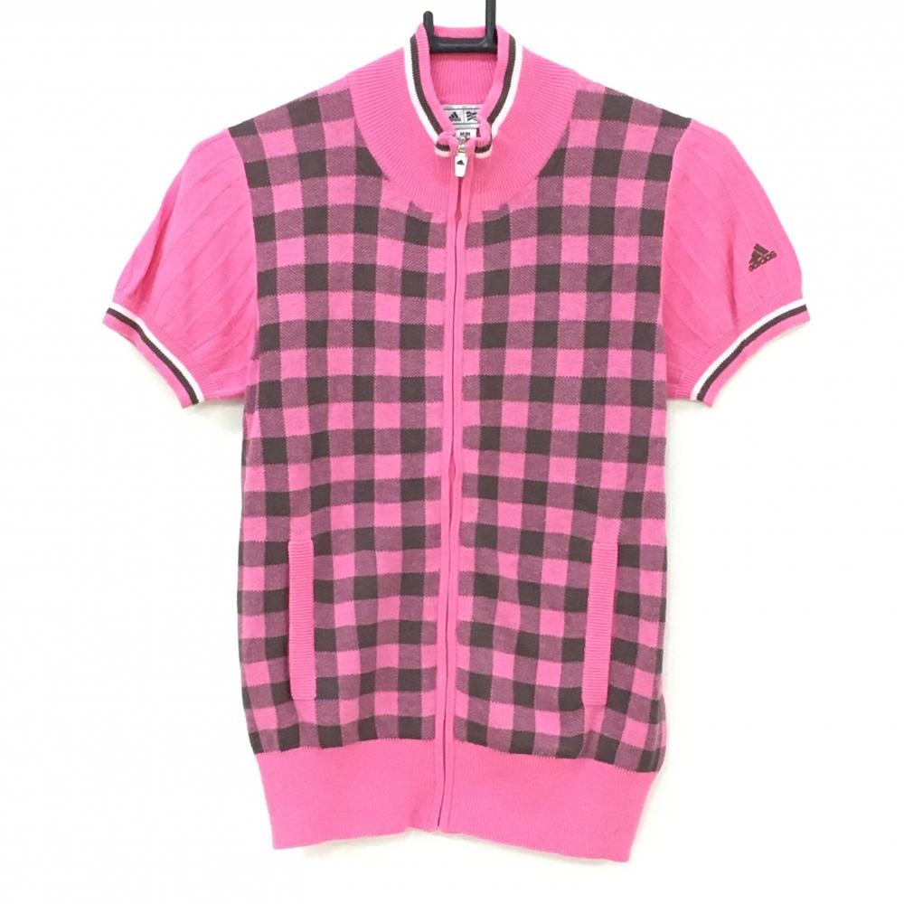 【美品】アディダス 半袖ニットジャケット ピンク×カーキ 前面ギンガムチェック コットン混 レディース M ゴルフウェア adidas