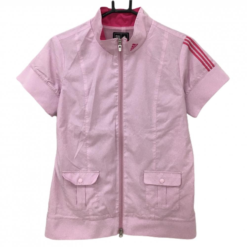 【超美品】アディダス 半袖ブルゾン ライトピンク×インク 袖3ライン メッシュ裏地 レディース L/G ゴルフウェア adidas