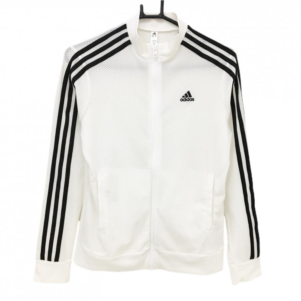 【美品】アディダス ジャケットブルゾン 白×黒 メッシュ生地 袖3ライン ロゴ刺しゅう レディース L ゴルフウェア adidas