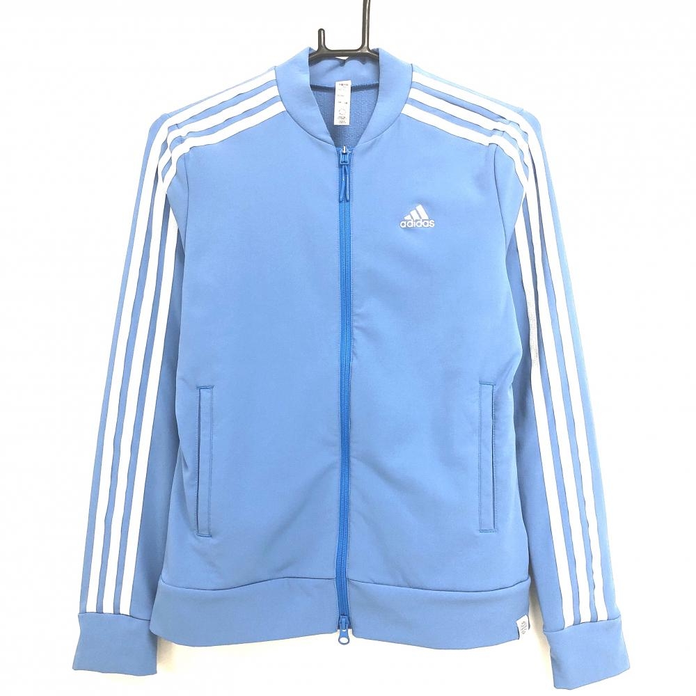 【美品】アディダス ジャケットブルゾン ライトブルー×白 袖3ライン ロゴ刺しゅう レディース M ゴルフウェア adidas