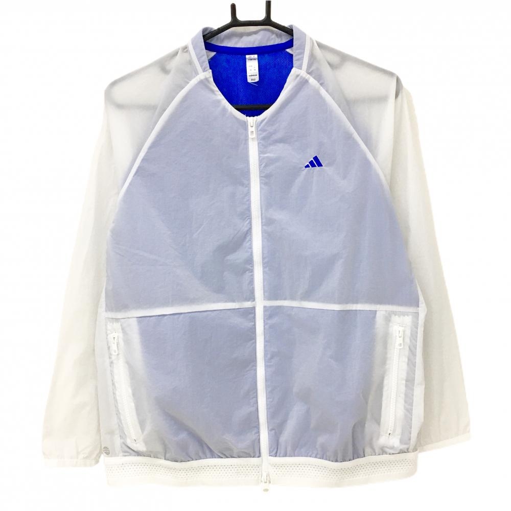 【美品】アディダス ジャケット 白 内側ブルー ブルゾン ロゴ刺しゅう ジップポケット レディース XL ゴルフウェア adidas