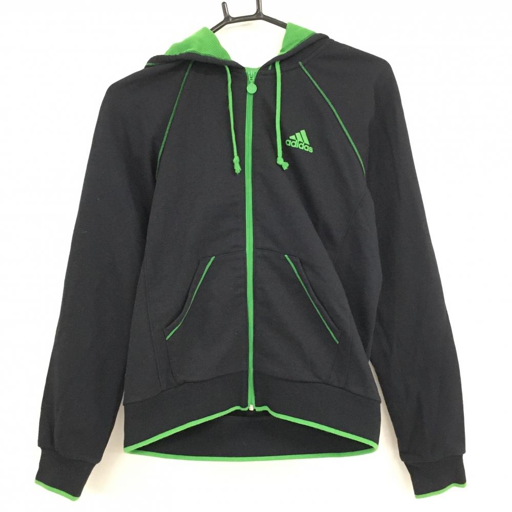 アディダス ジップパーカー 黒×グリーン フード内側メッシュ 胸元ロゴ レディース OT ゴルフウェア adidas