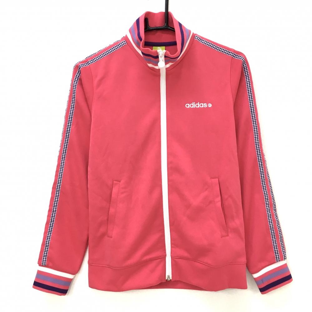 【美品】アディダス ブルゾン ピンク×白×パープル 袖ライン ロゴ刺しゅう レディース M ゴルフウェア adidas