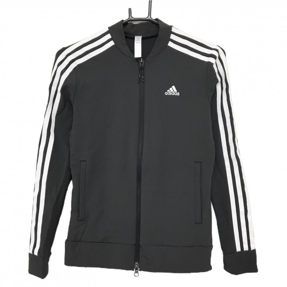 【超美品】アディダス ジャケットブルゾン ダークグレー×白 3ライン ダブルジップ ストレッチ レディース M ゴルフウェア adidas