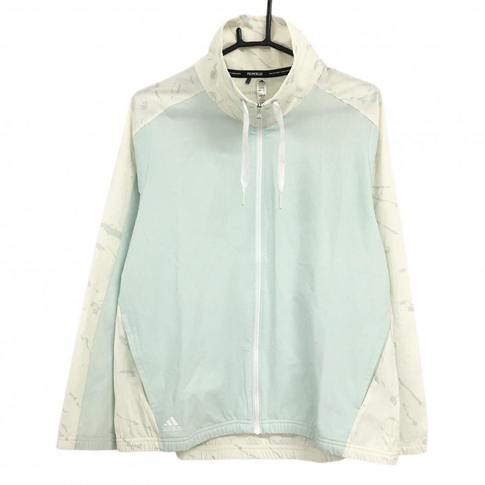 【美品】アディダス ジャケットブルゾン 白×ライトブルー 袖・背総柄  レディース OT ゴルフウェア adidas