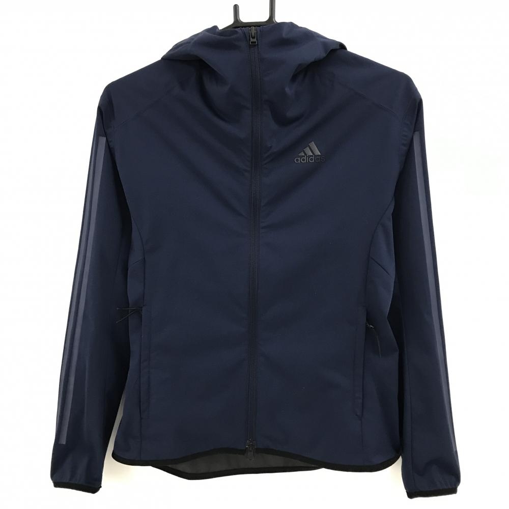 【美品】アディダス フード付きジャケット ネイビー 袖3ライン レディース M ゴルフウェア adidas
