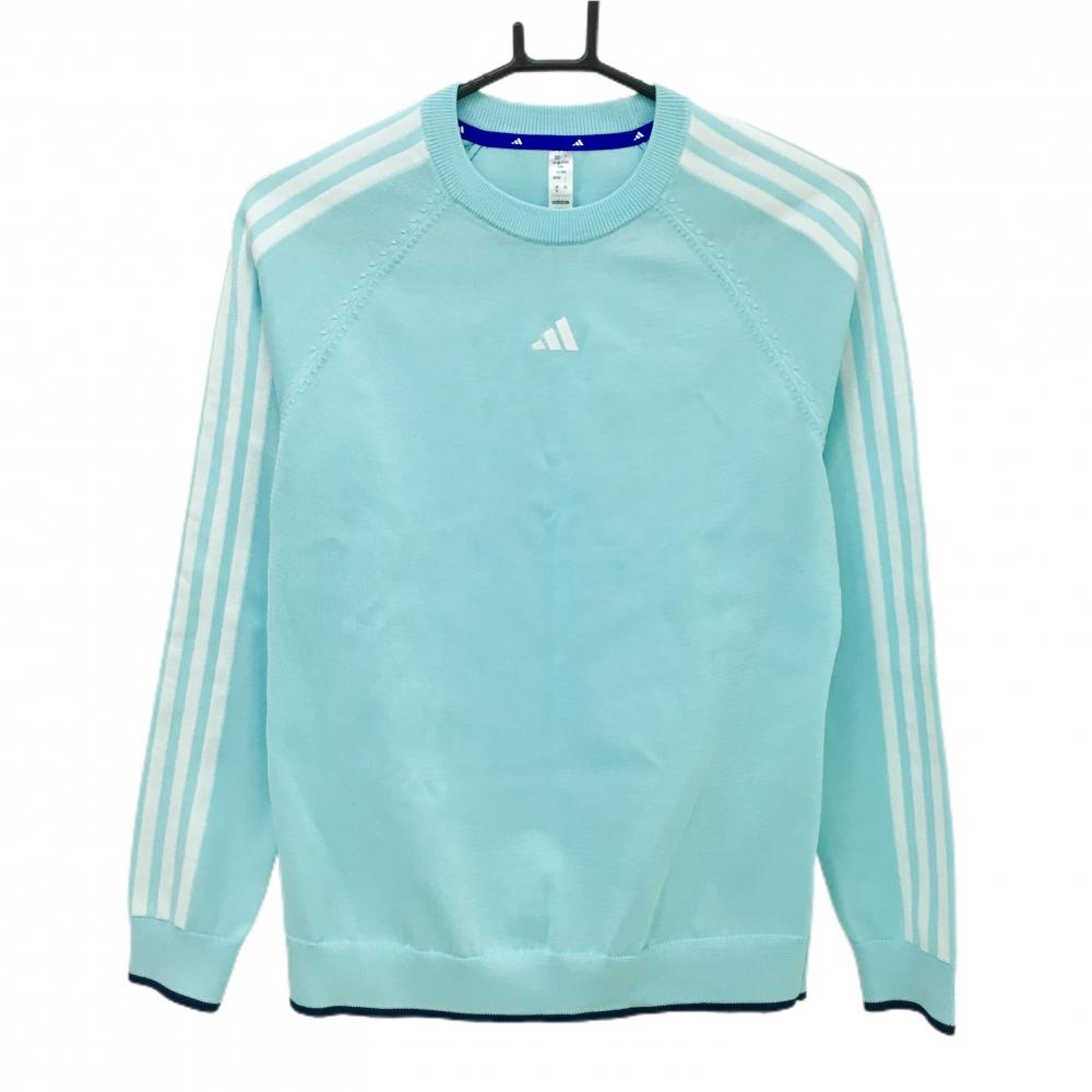 【美品】アディダス セーター ライトブルー×白 袖3ライン ニット  レディース L ゴルフウェア adidas