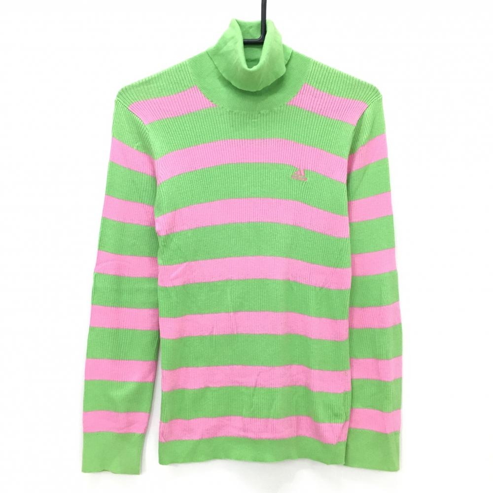 【美品】アディダス タートルネックセーター ライトグリーン×ピンク ワイドボーダー  レディース L/G ゴルフウェア adidas
