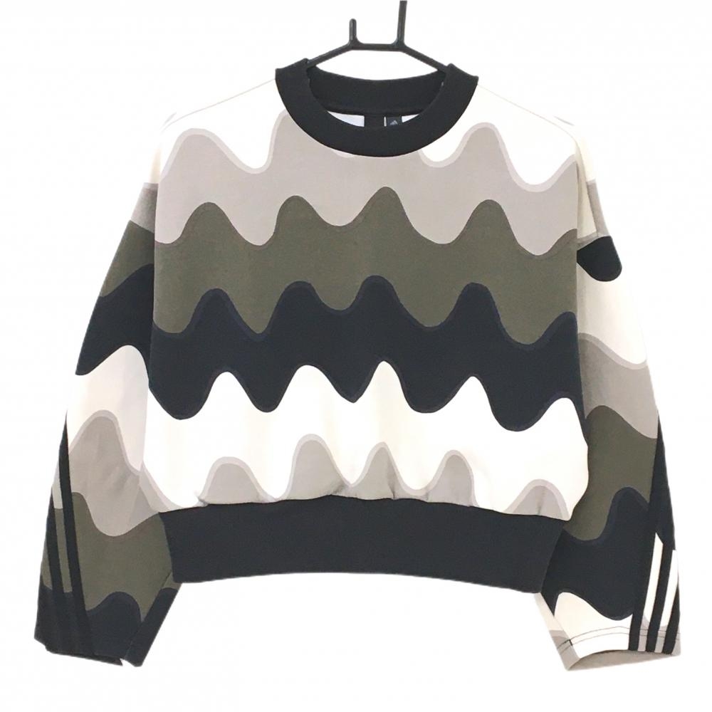 【美品】アディダス×marimekko トレーナー 黒×カーキ×グレー なみなみボーダー 3ライン レディース XL ゴルフウェア adidas