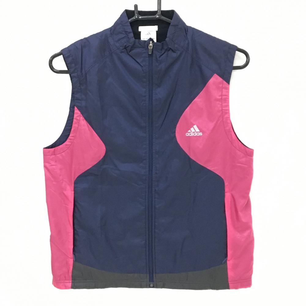【美品】アディダス アウターベスト ネイビー×ピンク ロゴプリント 裏微起毛 レディース M ゴルフウェア adidas