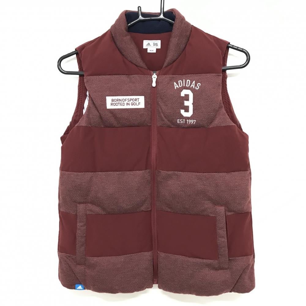 【美品】アディダス 中綿ベスト ダークレッド×グレー 一部ヘリンボーン ロゴ白  レディース M/M ゴルフウェア adidas