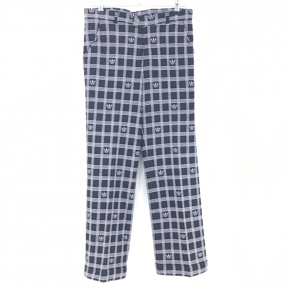 【美品】アディダス ニットパンツ 黒×ライトピンク チェック ロゴ総柄 オリジナルス ウール混 レディース M ゴルフウェア adidas
